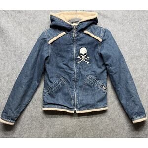 Coffee Shop Jacket Juniors Small Blue Denim Skull Hooded Sherpa Lined Zip Casual